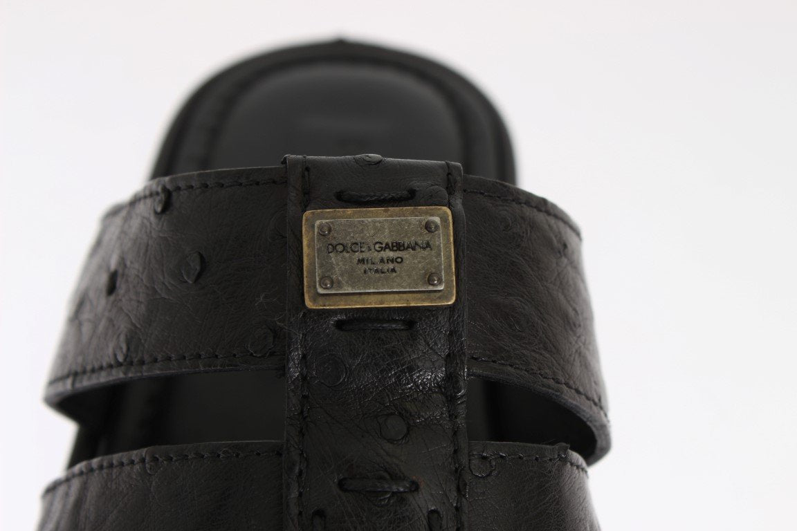 Black Ostrich Leather Slides Sandals