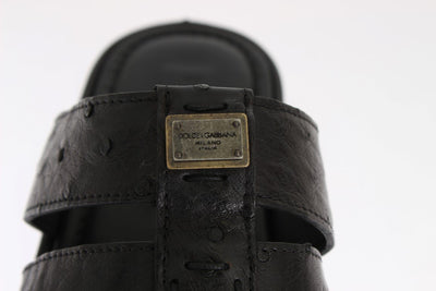 Black Ostrich Leather Slides Sandals