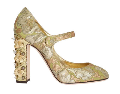 Gold Jacquard Crystal Floral Leather Shoes
