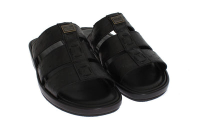 Black Ostrich Leather Slides Sandals