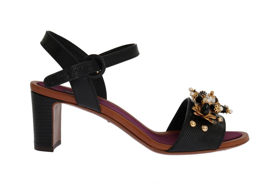Black Floral Crystal Leather Sandals