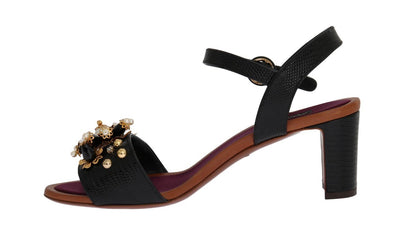 Black Floral Crystal Leather Sandals