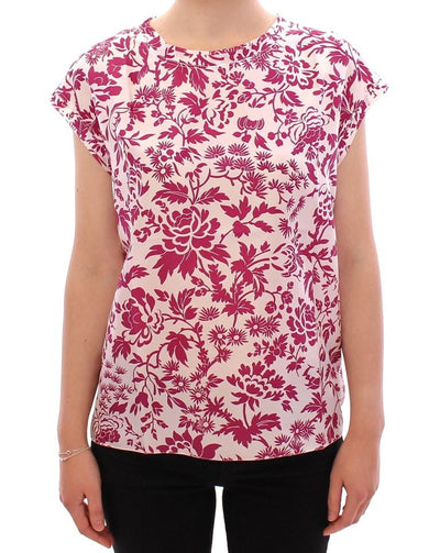 Red floral cap sleeve silk blouse