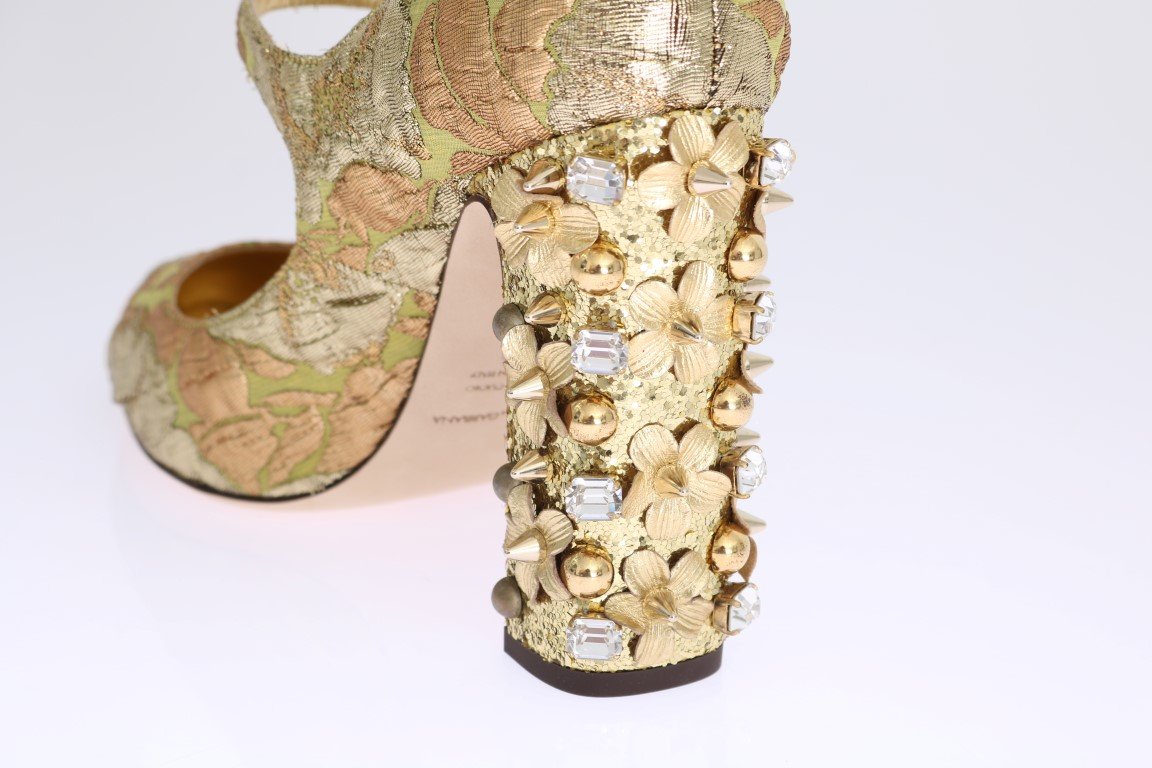 Gold Jacquard Crystal Floral Leather Shoes