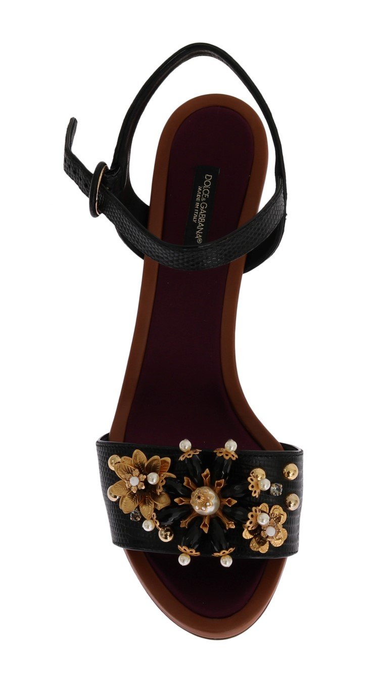 Black Floral Crystal Leather Sandals