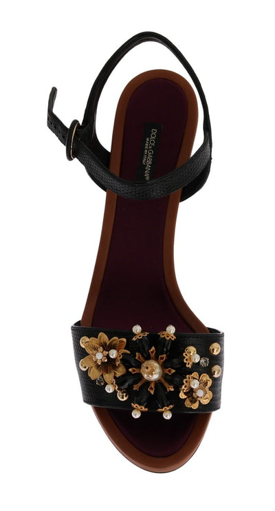Black Floral Crystal Leather Sandals