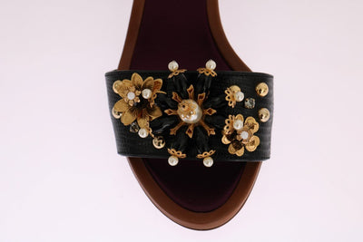 Black Floral Crystal Leather Sandals
