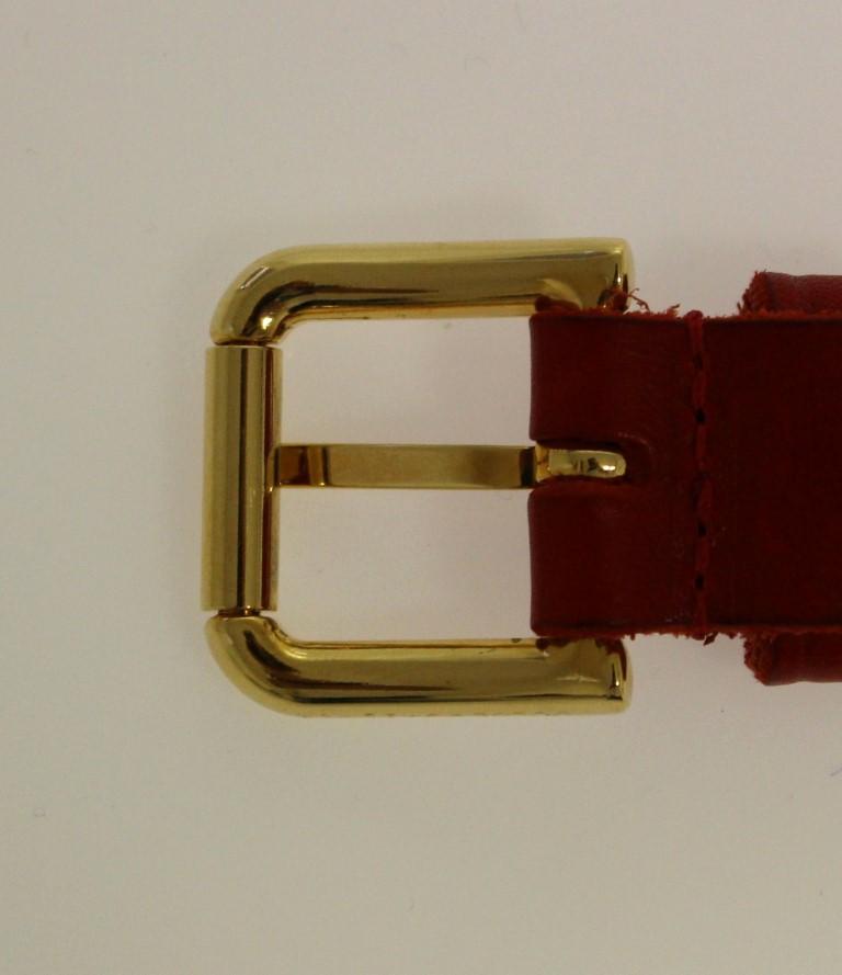 Red Leather Logo Gold Buckle Belt