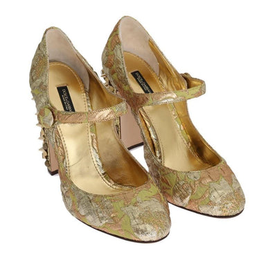 Gold Jacquard Crystal Floral Leather Shoes