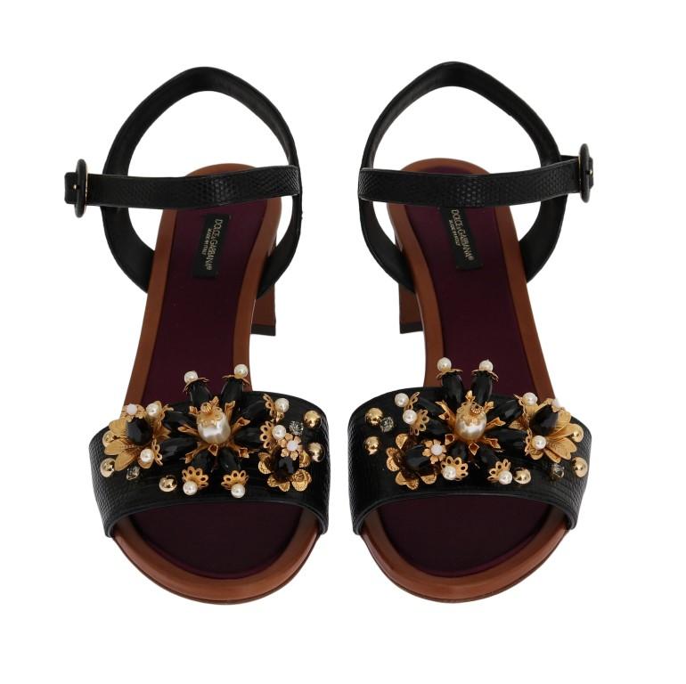 Black Floral Crystal Leather Sandals