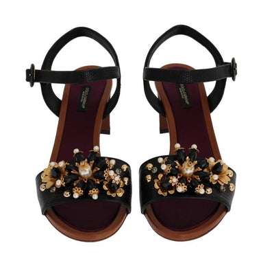 Black Floral Crystal Leather Sandals