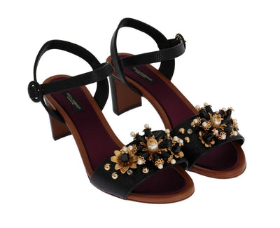 Black Floral Crystal Leather Sandals