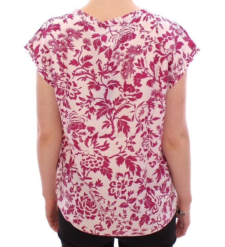Red floral cap sleeve silk blouse