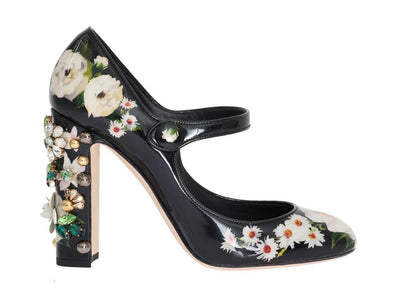 Black Floral Print Crystals Leather Shoes