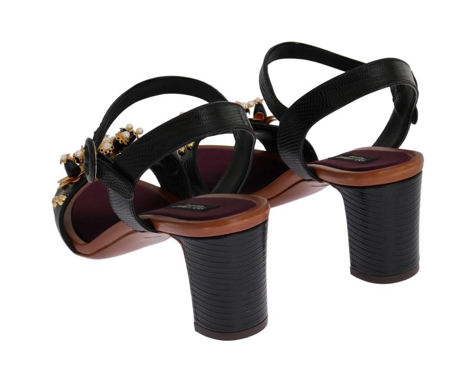 Black Floral Crystal Leather Sandals