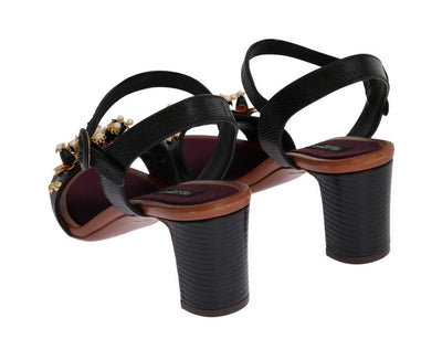 Black Floral Crystal Leather Sandals