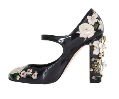 Black Floral Print Crystals Leather Shoes