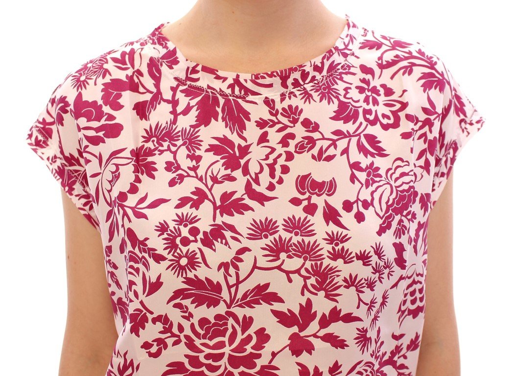 Red floral cap sleeve silk blouse