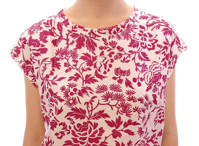 Red floral cap sleeve silk blouse