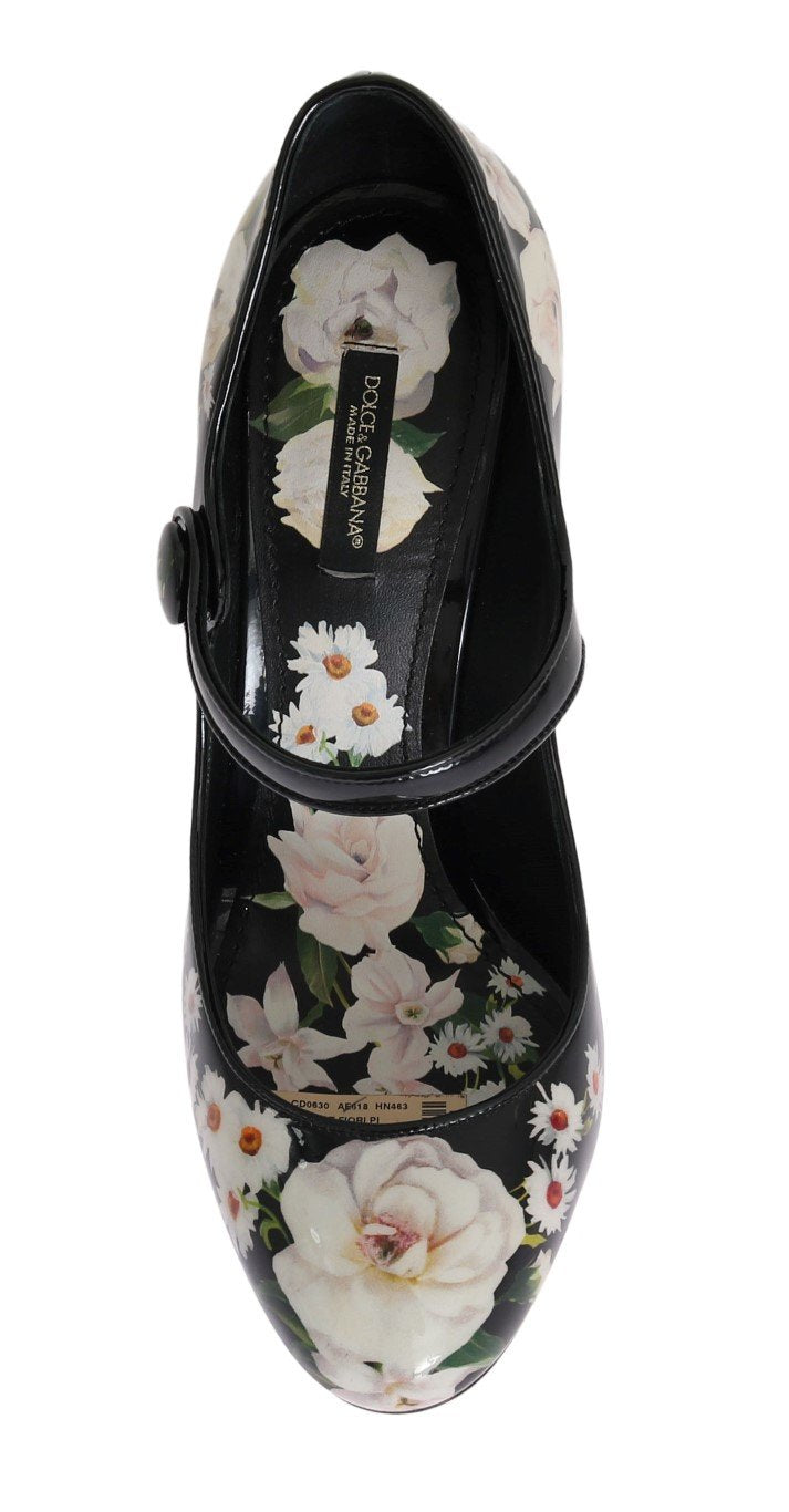 Black Floral Print Crystals Leather Shoes