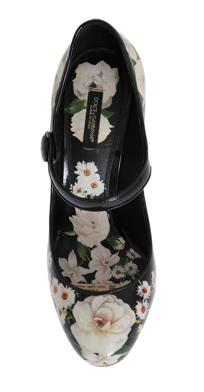 Black Floral Print Crystals Leather Shoes