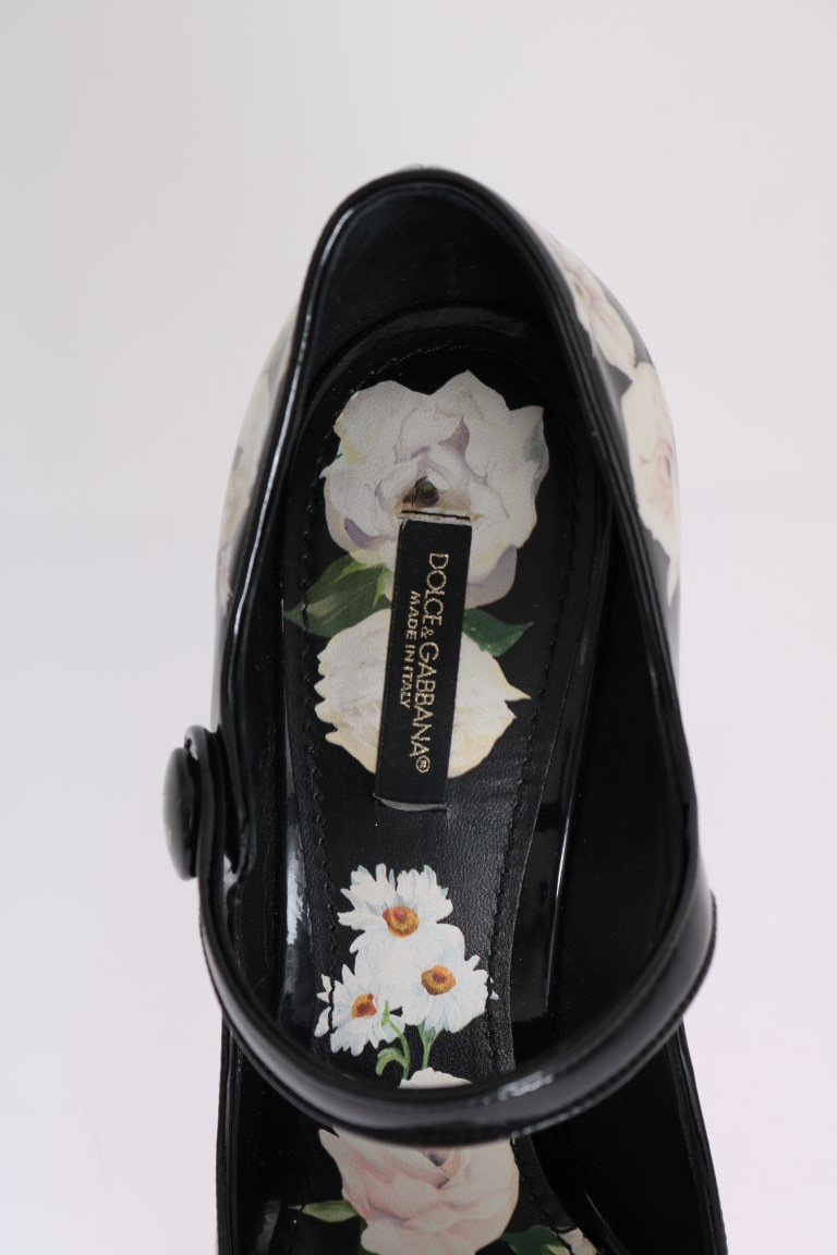 Black Floral Print Crystals Leather Shoes