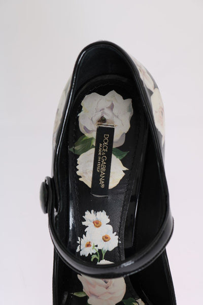 Black Floral Print Crystals Leather Shoes