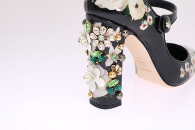 Black Floral Print Crystals Leather Shoes