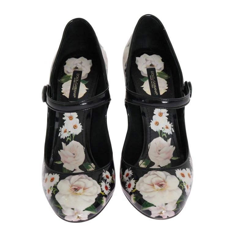 Black Floral Print Crystals Leather Shoes