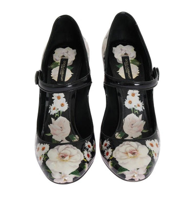 Black Floral Print Crystals Leather Shoes