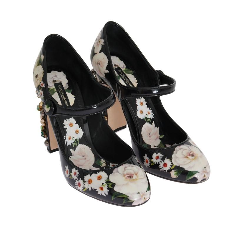 Black Floral Print Crystals Leather Shoes