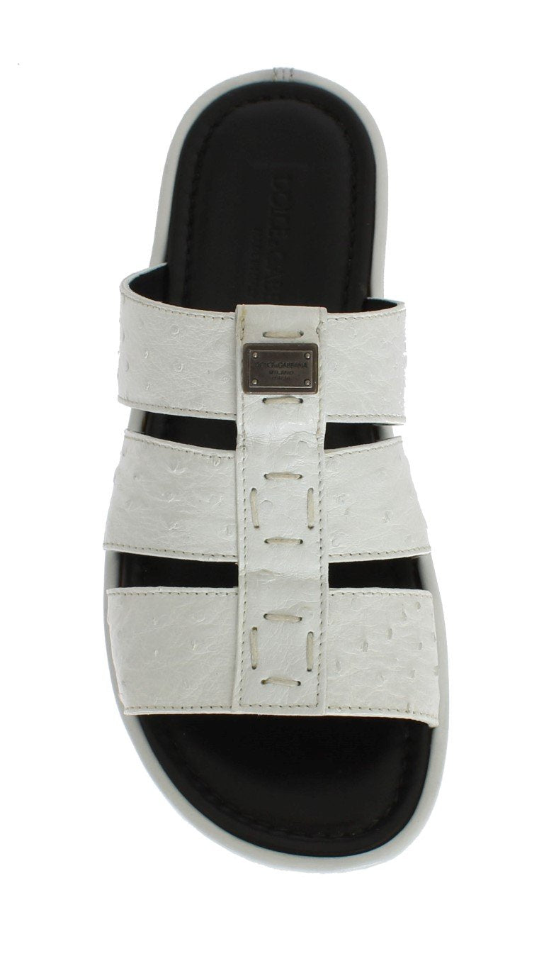 White Ostrich Leather Slides Sandals