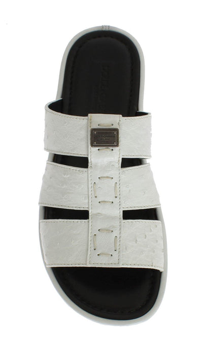 White Ostrich Leather Slides Sandals