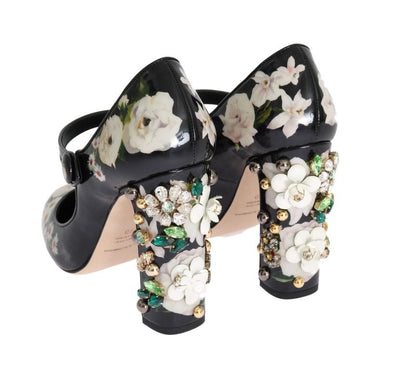 Black Floral Print Crystals Leather Shoes