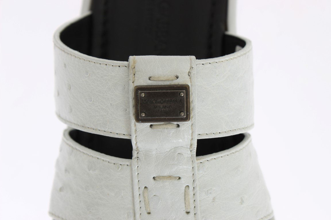 White Ostrich Leather Slides Sandals