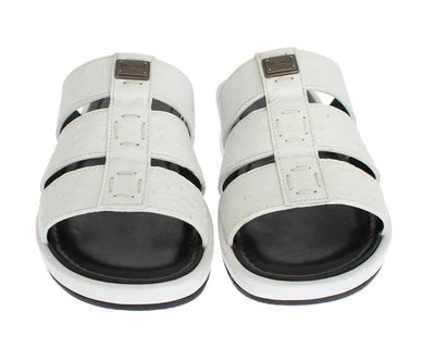 White Ostrich Leather Slides Sandals