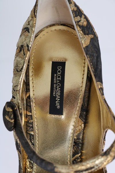 Gold Jacquard Crystal Floral Leather Shoes