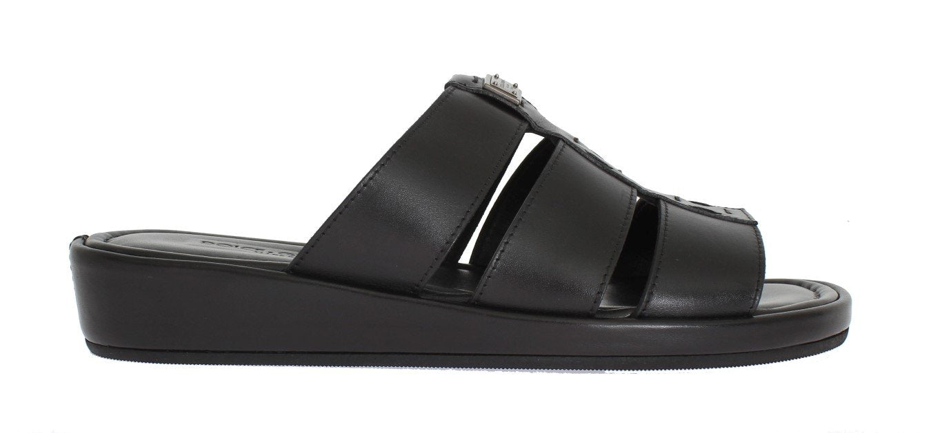 Black Deer Leather Logo Slides Sandals