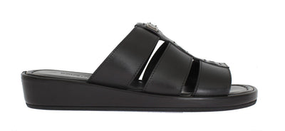 Black Deer Leather Logo Slides Sandals
