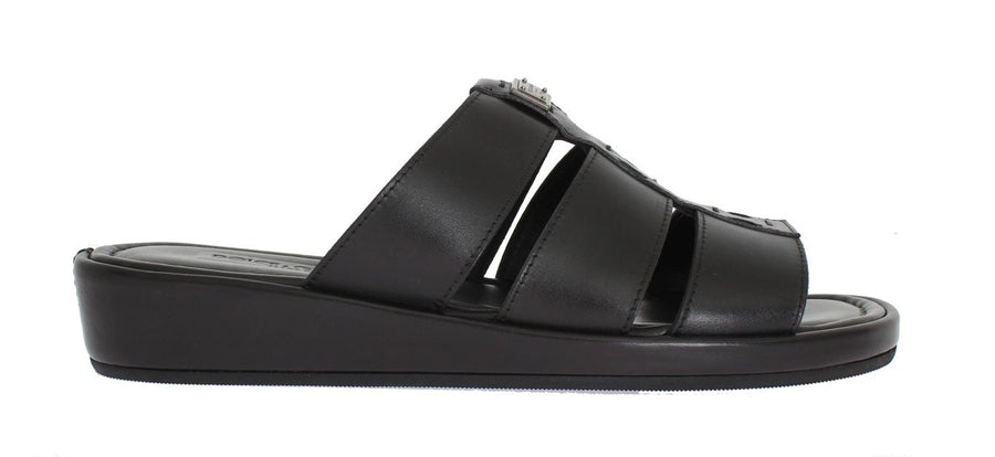 Black Deer Leather Logo Slides Sandals