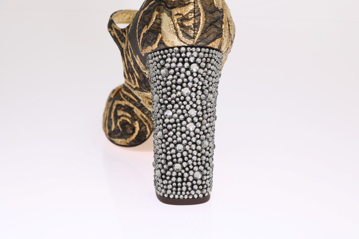 Gold Jacquard Crystal Floral Leather Shoes