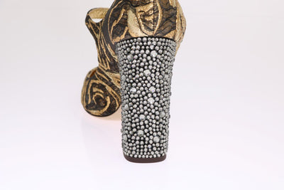 Gold Jacquard Crystal Floral Leather Shoes