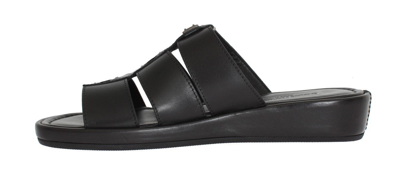 Black Deer Leather Logo Slides Sandals