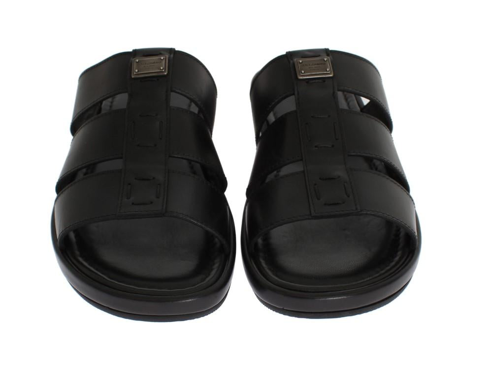 Black Deer Leather Logo Slides Sandals