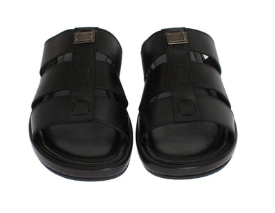 Black Deer Leather Logo Slides Sandals