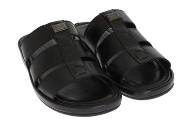 Black Deer Leather Logo Slides Sandals