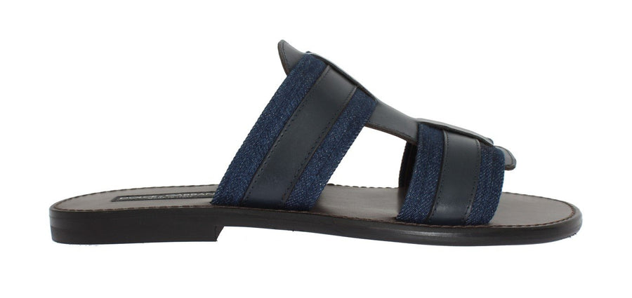 Blue Leather Canvas Slides Sandals