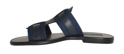 Blue Leather Canvas Slides Sandals