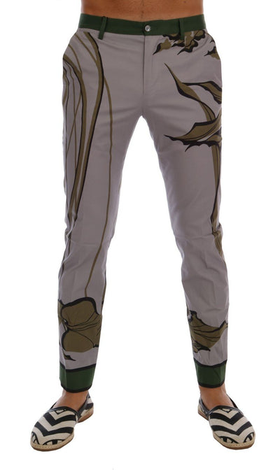 Gray Leaves Print Cotton Pants