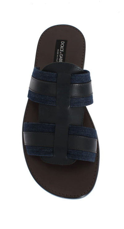 Blue Leather Canvas Slides Sandals